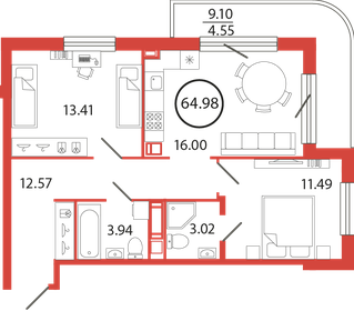 Квартира 65 м², 2-комнатная - изображение 1