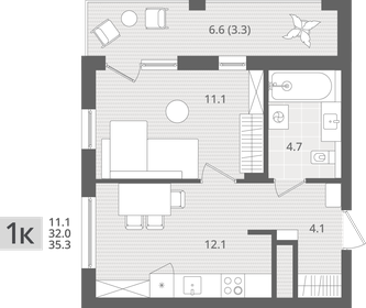 Квартира 35,3 м², 1-комнатная - изображение 1