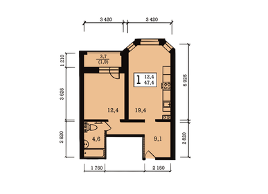 Квартира 47,4 м², 1-комнатная - изображение 1