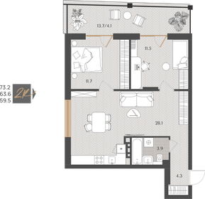 Квартира 63,6 м², 2-комнатная - изображение 1