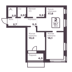 Квартира 66,5 м², 2-комнатная - изображение 1