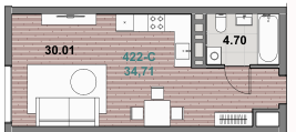 Квартира 34,7 м², 1-комнатная - изображение 1