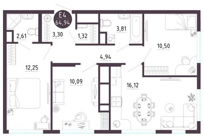Квартира 64,9 м², 3-комнатная - изображение 1