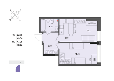 Квартира 43,1 м², 2-комнатная - изображение 1