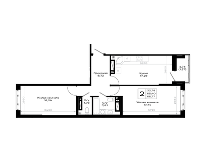 Квартира 66,8 м², 2-комнатная - изображение 1