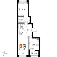 Квартира 57,8 м², 2-комнатная - изображение 2