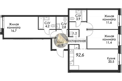 Квартира 92,6 м², 3-комнатная - изображение 1