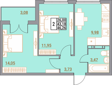 Квартира 46,3 м², 2-комнатная - изображение 1