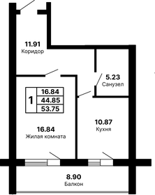 Квартира 53,8 м², 1-комнатная - изображение 1