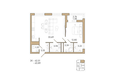 Квартира 63,9 м², 1-комнатная - изображение 1