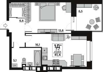 Квартира 41,5 м², 1-комнатная - изображение 1
