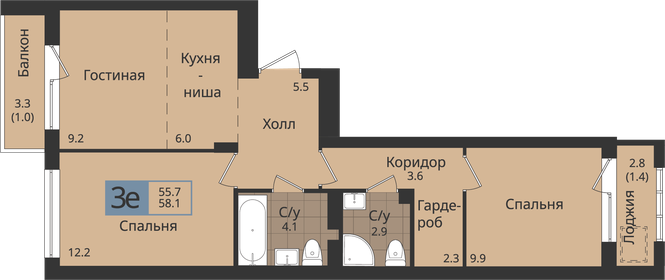 Квартира 58,1 м², 3-комнатная - изображение 1