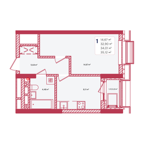 Квартира 34 м², 1-комнатная - изображение 1