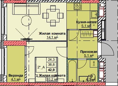 Квартира 42,9 м², 2-комнатная - изображение 1