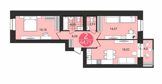 Квартира 64,7 м², 2-комнатная - изображение 1