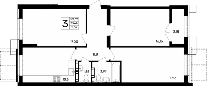 Квартира 81,6 м², 3-комнатная - изображение 1