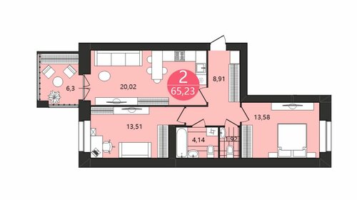 Квартира 65,2 м², 2-комнатная - изображение 1
