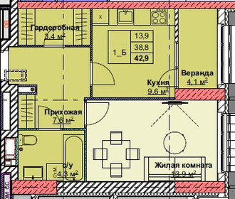 Квартира 42,9 м², 1-комнатная - изображение 1