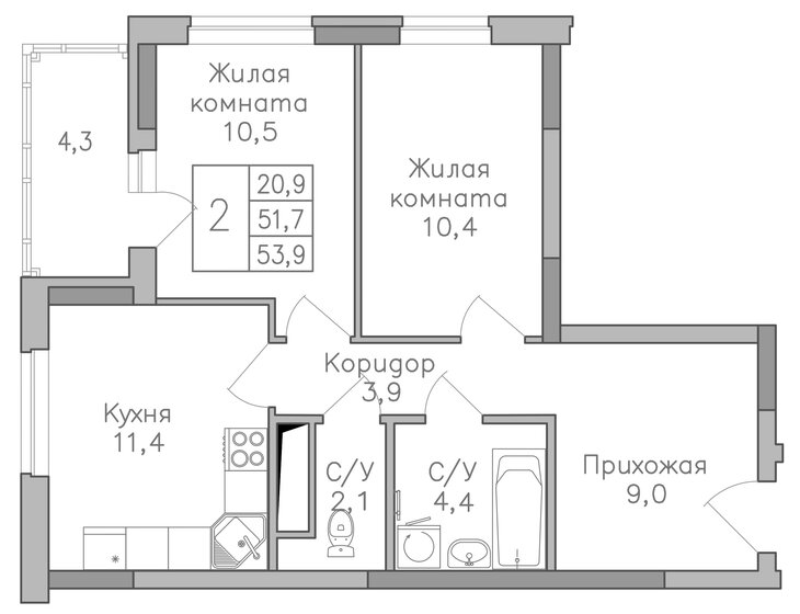 53,9 м², 2-комнатная квартира 6 000 000 ₽ - изображение 1