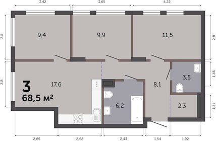 Квартира 68,5 м², 3-комнатная - изображение 1