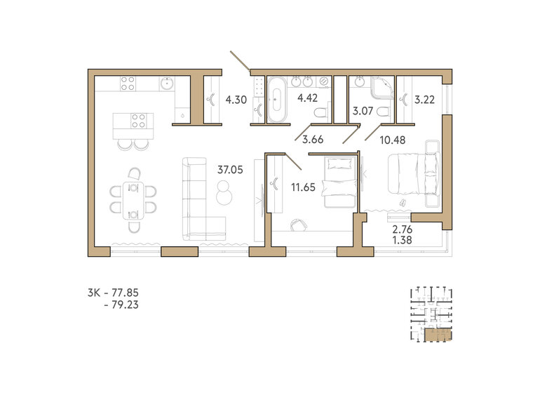 78,6 м², 2-комнатная квартира 9 274 800 ₽ - изображение 3