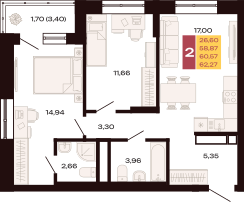 Квартира 62,3 м², 2-комнатная - изображение 1