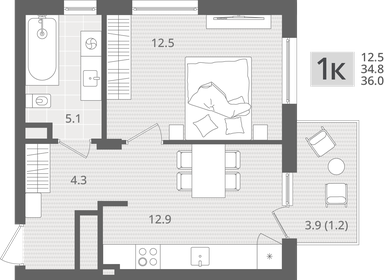 Квартира 36 м², 1-комнатная - изображение 1