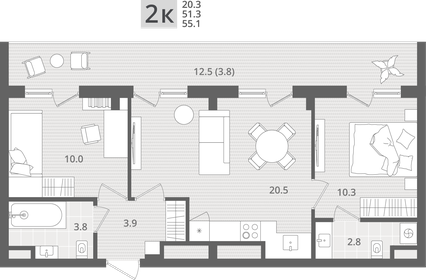Квартира 55,1 м², 2-комнатная - изображение 1