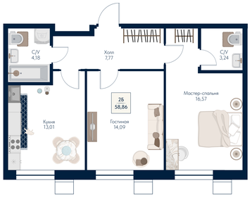 Квартира 58,9 м², 2-комнатная - изображение 1