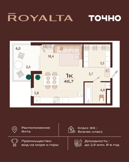 46,7 м², 1-комнатная квартира 23 176 000 ₽ - изображение 1