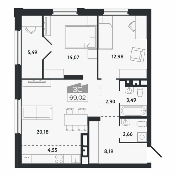 69 м², 3-комнатная квартира 10 624 000 ₽ - изображение 1