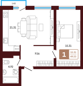 Квартира 49,3 м², 1-комнатная - изображение 1
