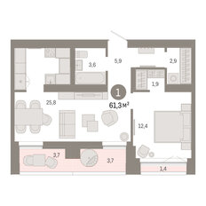 Квартира 61,3 м², 1-комнатная - изображение 3