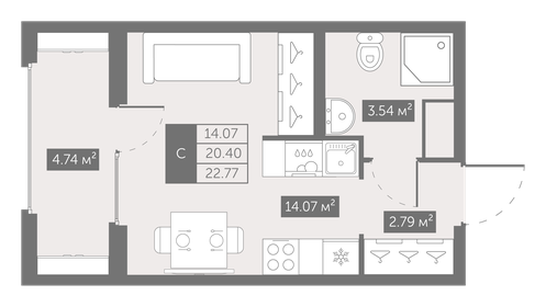 Квартира 22,8 м², студия - изображение 1