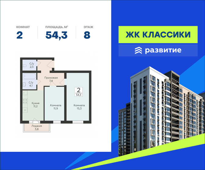 54,3 м², 2-комнатная квартира 6 027 300 ₽ - изображение 17