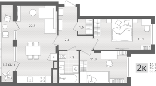 Квартира 63,2 м², 2-комнатная - изображение 1