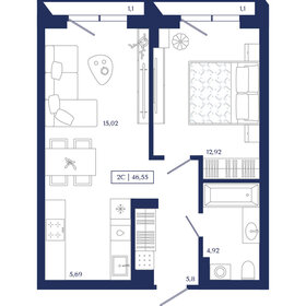 Квартира 46,6 м², 2-комнатная - изображение 1