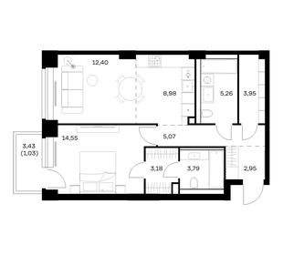 Квартира 61,2 м², 1-комнатная - изображение 1