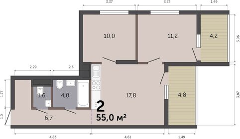 Квартира 55 м², 2-комнатная - изображение 1