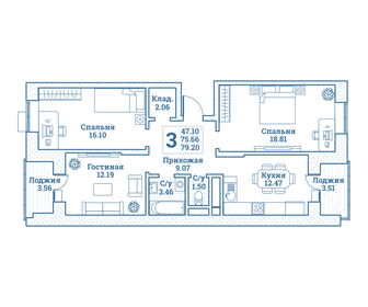 Квартира 79,2 м², 3-комнатная - изображение 1