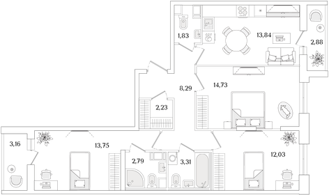 Квартира 75,8 м², 3-комнатная - изображение 1