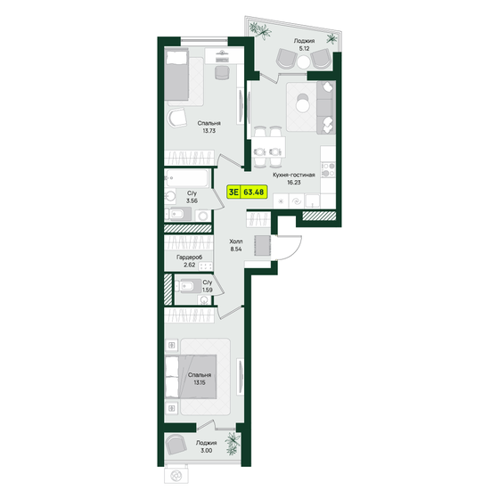 60,4 м², 2-комнатная квартира 7 760 496 ₽ - изображение 12
