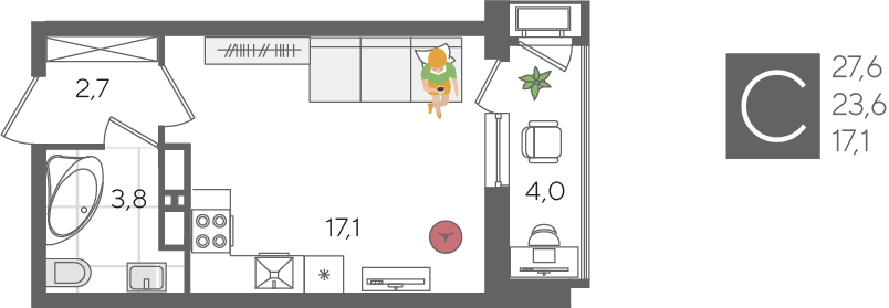 Квартира 27,6 м², студия - изображение 1