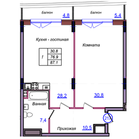 Квартира 87,1 м², 1-комнатные - изображение 1