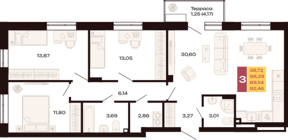 Квартира 92,5 м², 3-комнатная - изображение 1