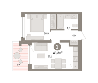 Квартира 43,3 м², 1-комнатная - изображение 1