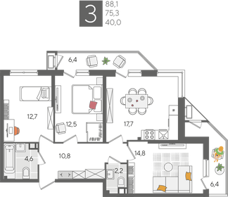 Квартира 88,1 м², 3-комнатная - изображение 1