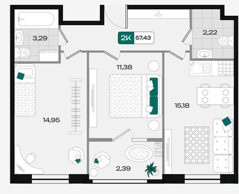 Квартира 57,4 м², 2-комнатная - изображение 1