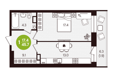 Квартира 45,7 м², 1-комнатная - изображение 1