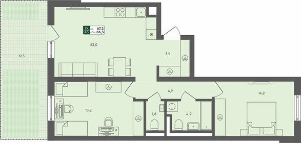 Квартира 86,5 м², 2-комнатная - изображение 1